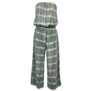Ava Sky Women Strapless Jumpsuit Size Small S Tie-Dye Green Wide Leg Casual EUC